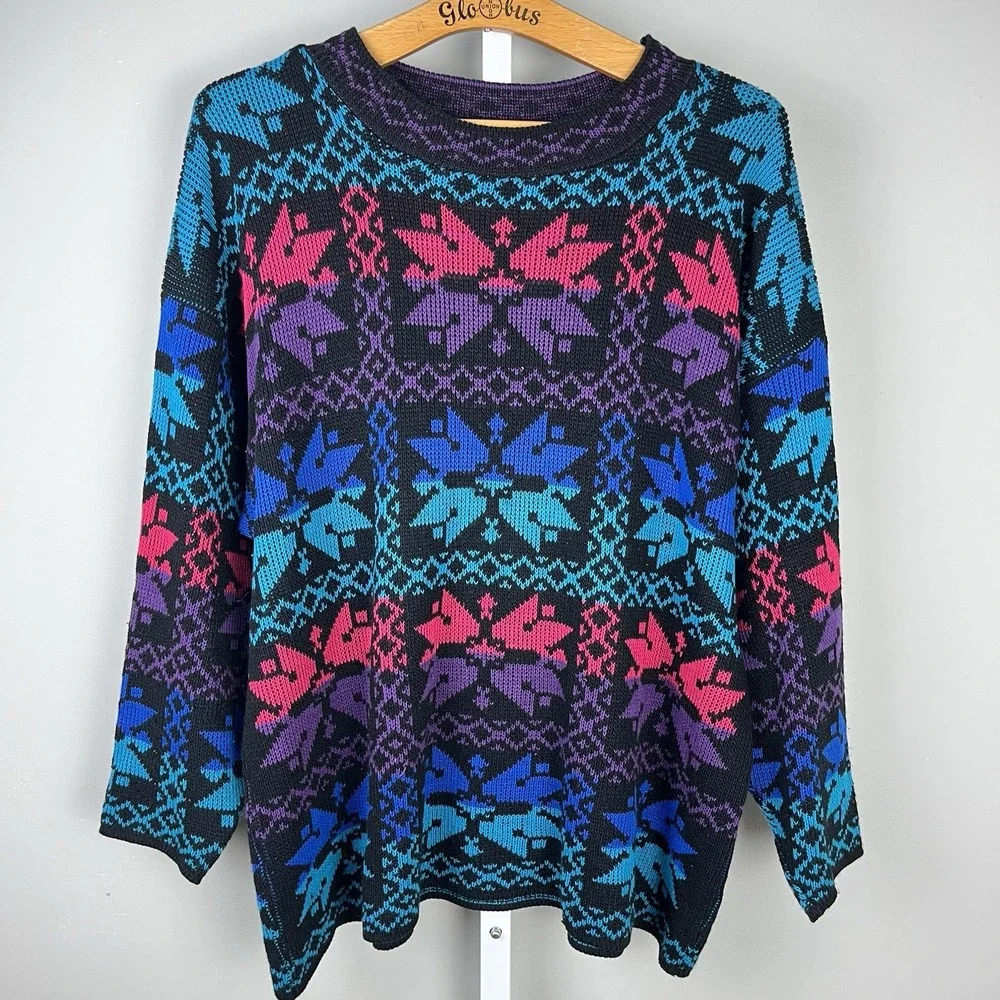 Vintage Classic Essentials‎ Snowflake Ski Sweater Womens XL Black Purple Teal